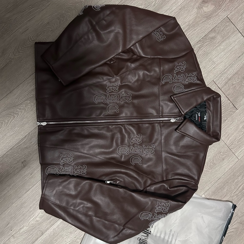 Studded Brown Leather Jacket with Zip Front
